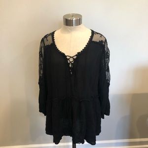 Free People medium black boho lace trim top